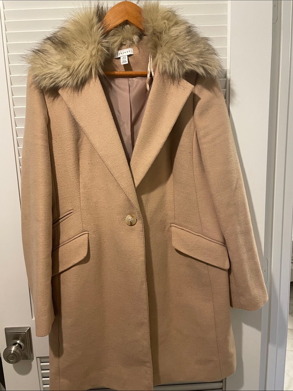 Top Shop Camel Trench Coat with Faux-Fur Collar